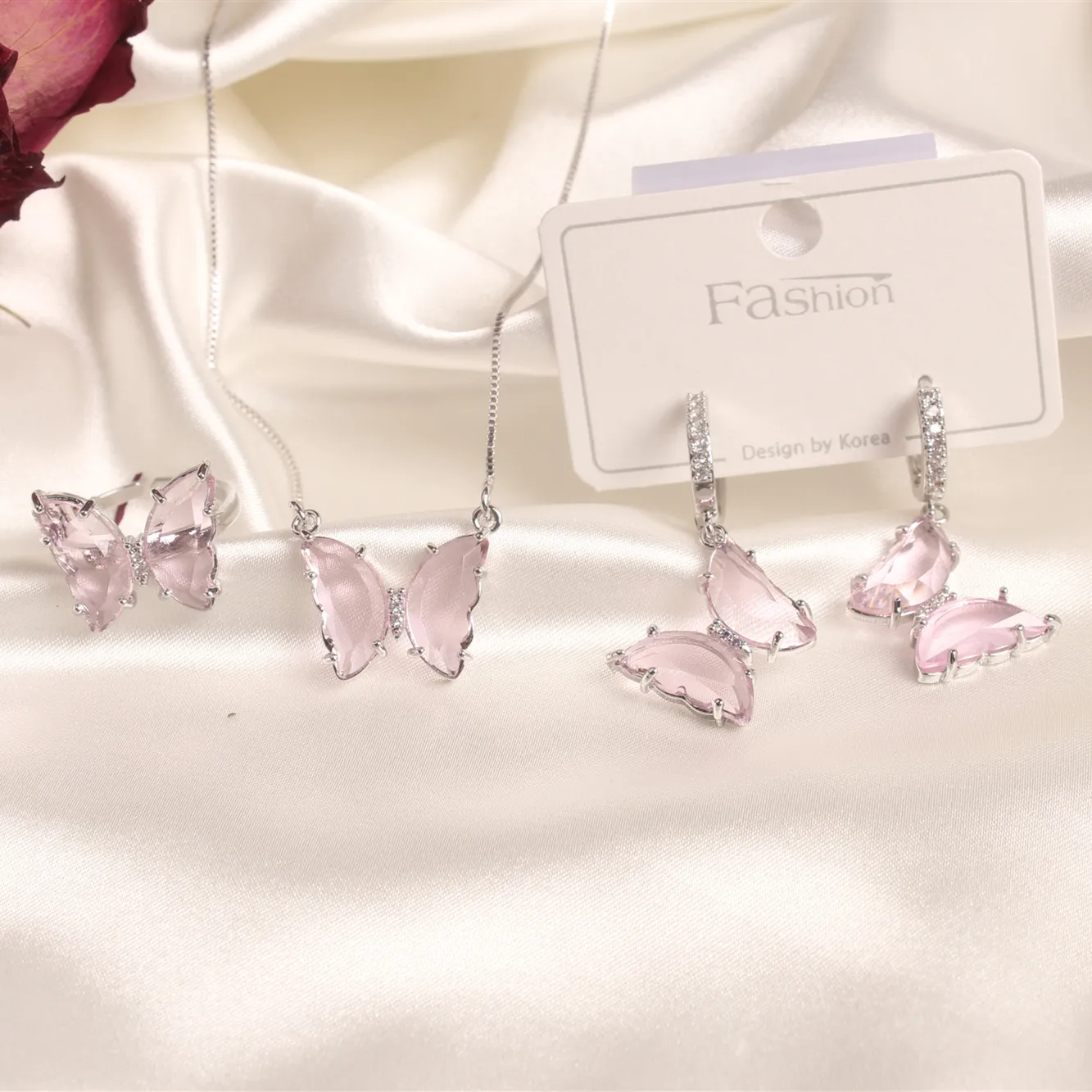 2020 Korean new dedesign fashion jewelry exquisite copper inlaid zircon glass butterfly purple pink earrings for women | Украшения и
