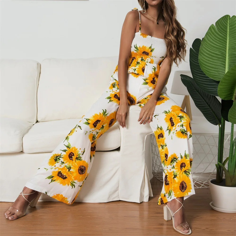 2021 Female New Product Sunflower Print Tie Jumpsuit Sexy Off Shoulder Sleeveless Holiday Style Rompers Women Backless Overalls
2021 Female New Product Sunflower Print Tie Jumpsuit Sexy Off Shoulder Sleeveless Holiday Style Rompers Women Backless Overalls