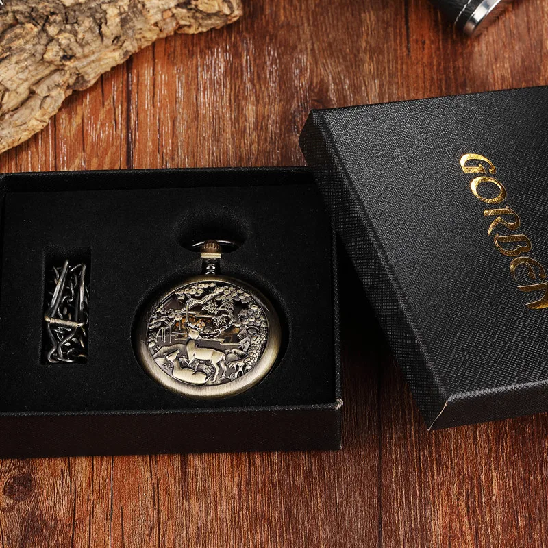Luxury Deer Mechanical Pocket Watch Bronze Goat Hollow Fob Chain Box Package Steampunk Hollow Men Women Clock for Christmas Gift
Luxury Deer Mechanical Pocket Watch Bronze Goat Hollow Fob Chain Box Package Steampunk Hollow Men Women Clock for Christmas Gift