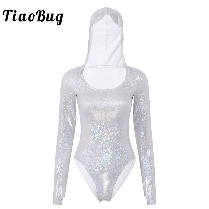 

Women Shiny Metallic Holographic Long Sleeves Hooded Romper Bodysuit Club Party Festival Rave Stage Performance Dance Costume