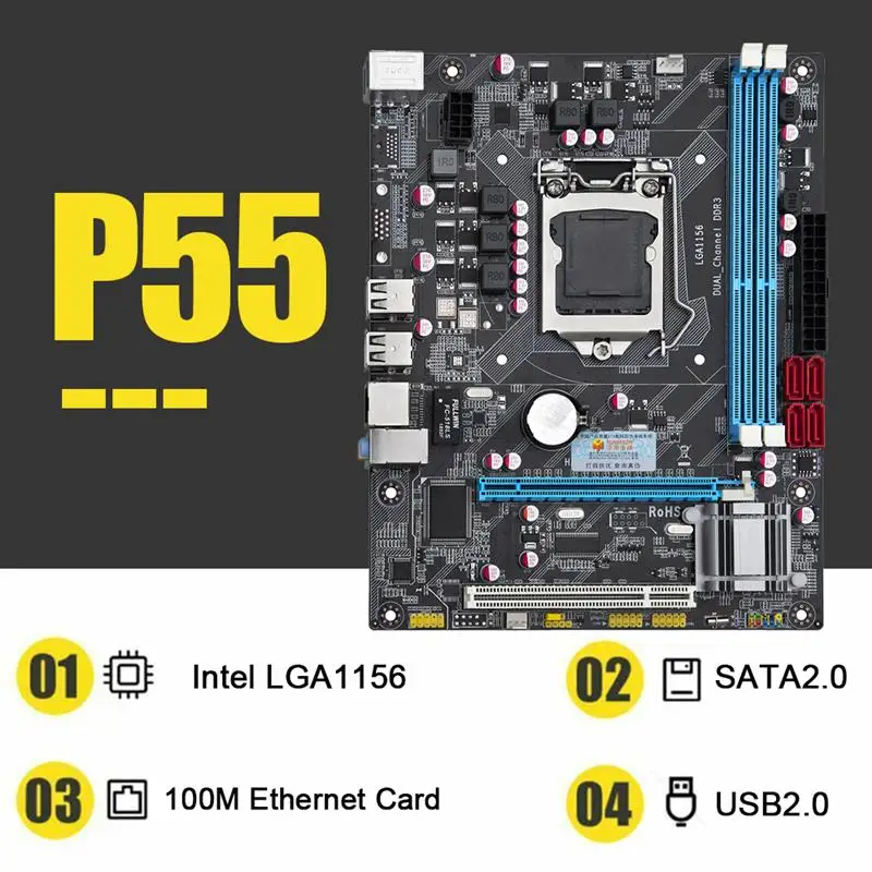 HUANANZHI P55 Motherboard Dual Channel DDR3 Memory USB2.0 PCI-E M-ATX Desktop Motherboard For Intel LGA1156 Series Processor
HUANANZHI P55 Motherboard Dual Channel DDR3 Memory USB2.0 PCI-E M-ATX Desktop Motherboard For Intel LGA1156 Series Processor