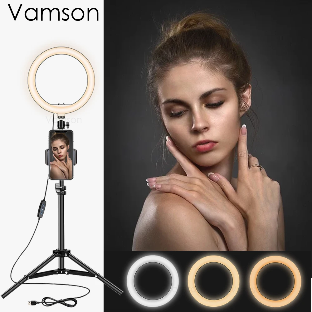 Vamson 10Inch Ring Light with Stand LED Camera Selfie Light Ring for iPhone Camera Ring Lamp Tripod and Holder for Video VLS07B
Vamson 10Inch Ring Light with Stand LED Camera Selfie Light Ring for iPhone Camera Ring Lamp Tripod and Holder for Video VLS07B