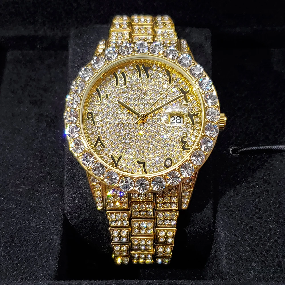 

Hip Hop MISSFOX Brand Luxury Mens Iced Out Watches Arabic Numbers Date Quartz Wrist Watches 18K Gold Watch For Men's Gift No Box