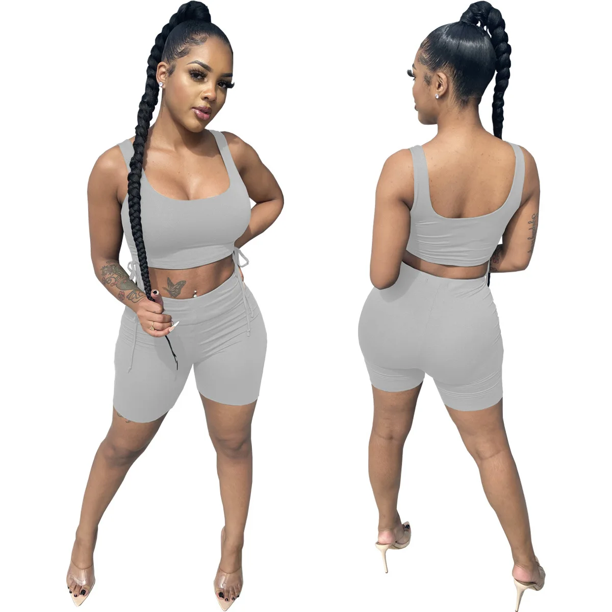 Summer Women's New Two-Piece Set Fashionable And Sexy Solid Color Vest And Shorts Top With Rope Casual Suits
Summer Women's New Two-Piece Set Fashionable And Sexy Solid Color Vest And Shorts Top With Rope Casual Suits