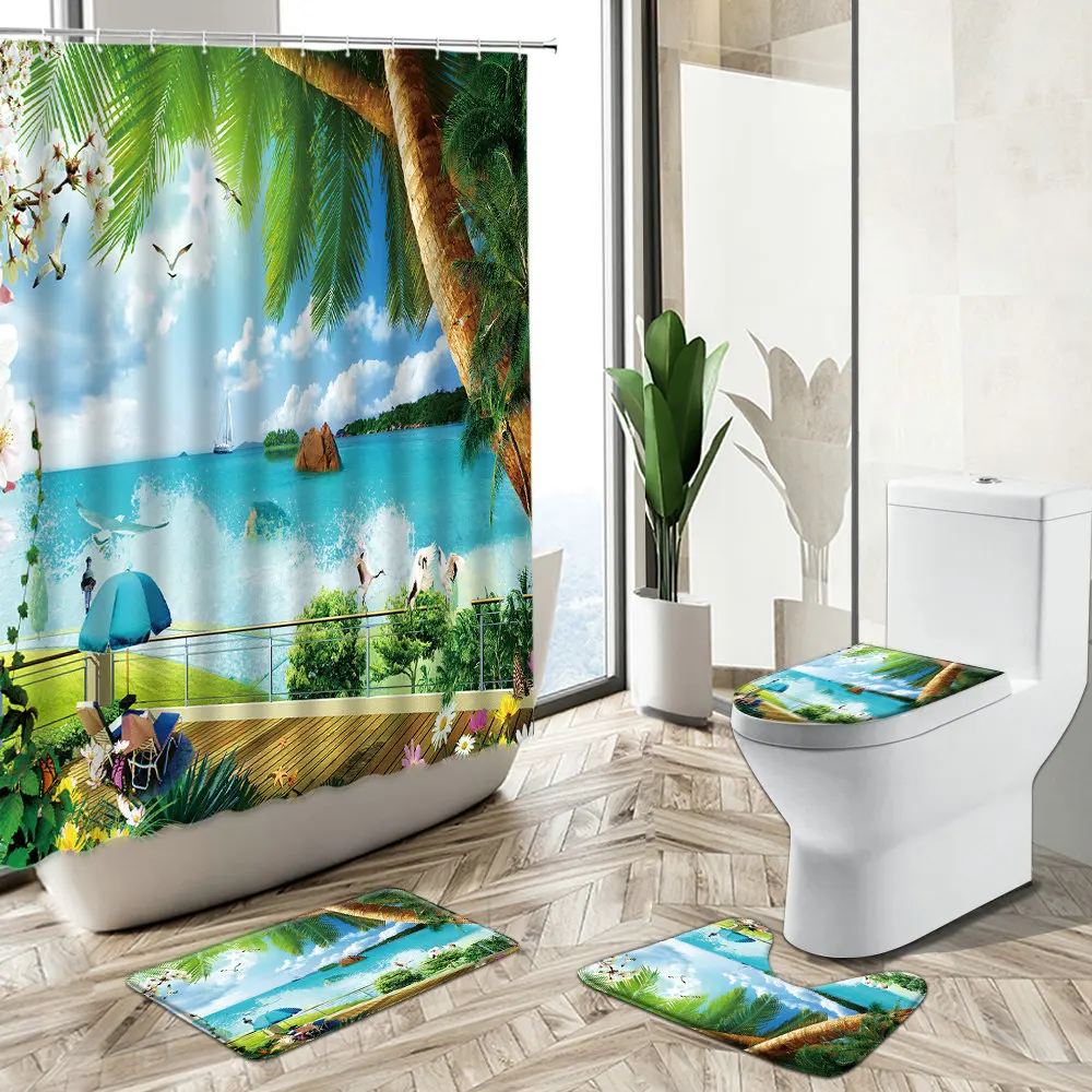 

Blue Ocean Beach Starfish Scenery Shower Curtain Summer Tropical Green Plants Palm Tree Rug Toilet Cover Home Bathroom Deco Set