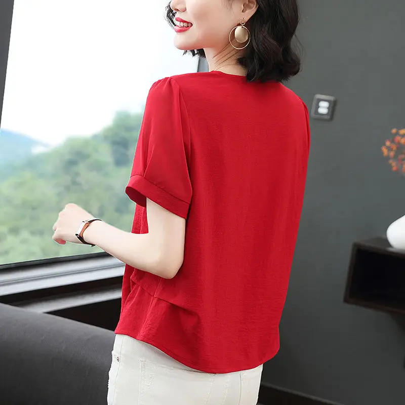 Women 2021 Summer New Short-sleeved Chiffon Shirts Female Solid Color Loose Blouses Ladies Fashion Bow Casual T-shirt N146
Women 2021 Summer New Short-sleeved Chiffon Shirts Female Solid Color Loose Blouses Ladies Fashion Bow Casual T-shirt N146