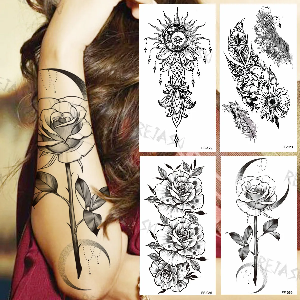 

Черные розы Луны цветы Временные татуировки для женщин, Реалистичная насадка для солнце подвесные перо поддельные наклейки-тату на руку пе...