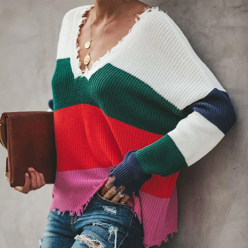 Women Deep V-neck Striped Long Sleeve Plus Size Pullover Sweaters Color Block Sweater Autumn Winter Knitted Rainbow Sexy Sweater
Women Deep V-neck Striped Long Sleeve Plus Size Pullover Sweaters Color Block Sweater Autumn Winter Knitted Rainbow Sexy Sweater