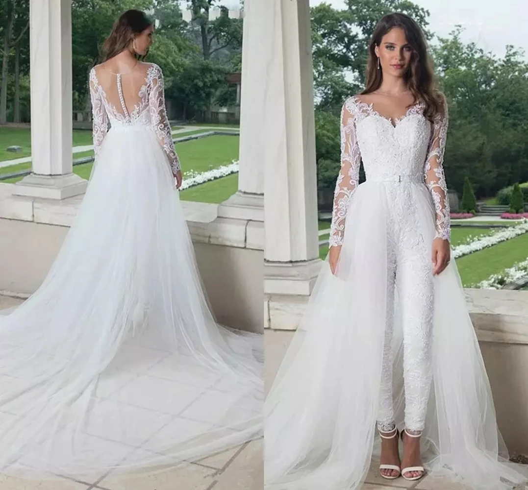 Long Sleeves Jumpsuit Wedding Dresses With Detachable Train 2022 Chapel Elegant Bridal Dress Lace Applique Pantsuit Bridal Gown
Long Sleeves Jumpsuit Wedding Dresses With Detachable Train 2022 Chapel Elegant Bridal Dress Lace Applique Pantsuit Bridal Gown