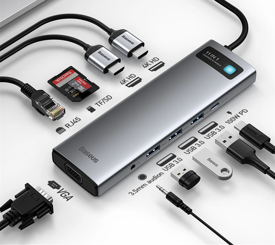 

USB-концентратор 11 в 1, USB Type-C на HDMI, совместимый со слотом для SD-карт RJ45, PD 100 Вт, зарядное устройство, USB 3,0, концентратор для MacBook Pro, док-станция, р...