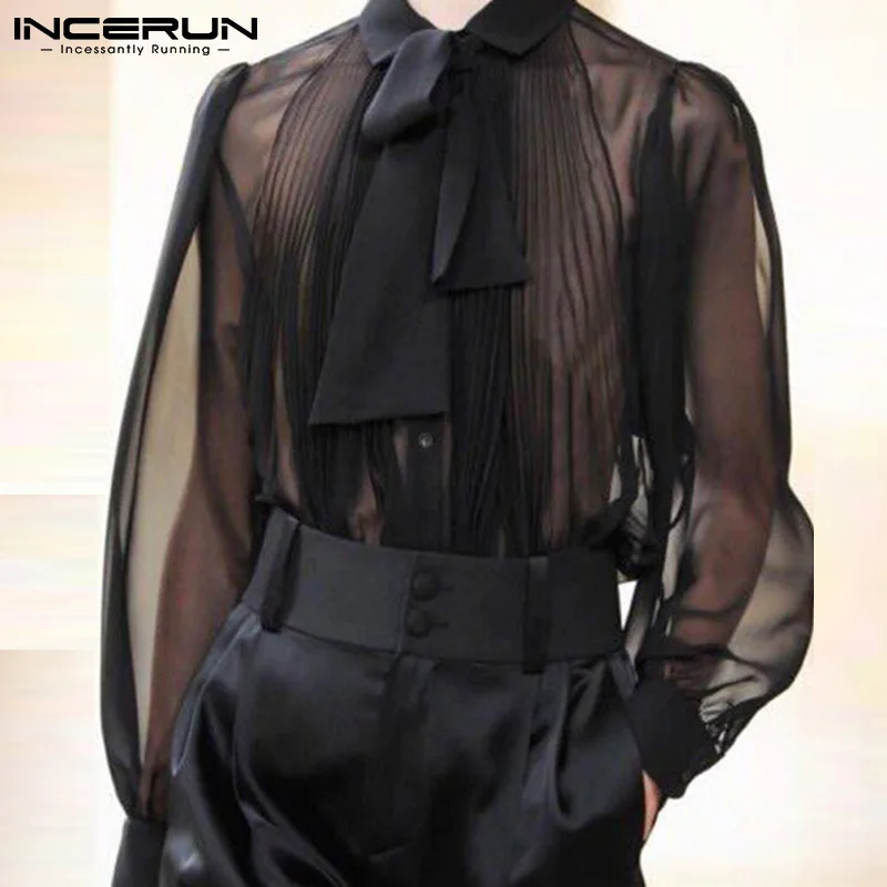 

Топы INCERUN 2021, стильная новая мужская одежда, Просвечивающая рубашка, дышащая сетчатая блузка с длинными рукавами, сексуальная женская рубаш...