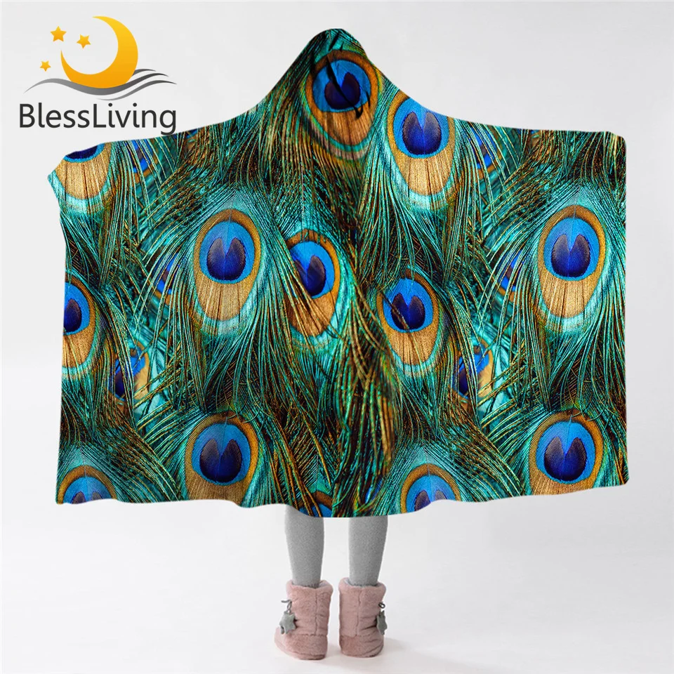 

BlessLiving Peacock Feather Hooded Blanket Bird Sherpa Fleece Throw Blanket for Adults Blue Turquoise Wearable Blanket With Hat