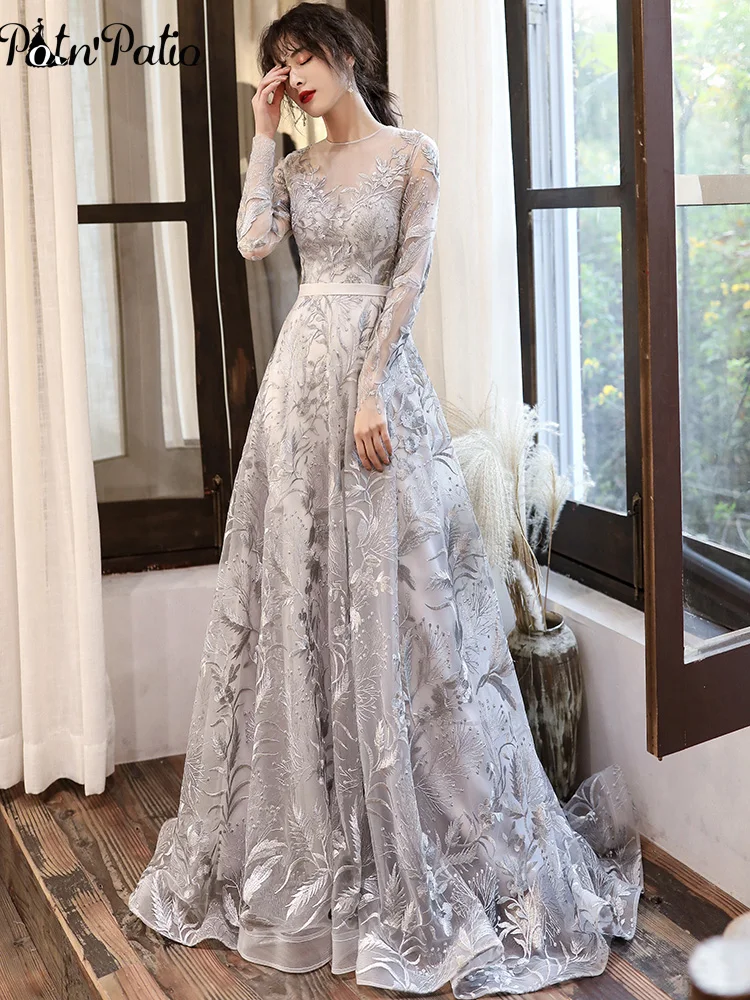 Silver Gray Lace Evening Dresses With Long Sleeves Elegant O-neck A-line Floor-length Backless Celebrity Dresses Long
Silver Gray Lace Evening Dresses With Long Sleeves Elegant O-neck A-line Floor-length Backless Celebrity Dresses Long
