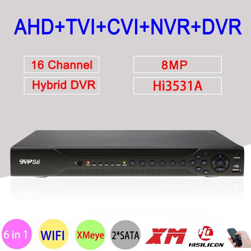 Hi3531D 8 МП 4K H.265 + Auido 16 каналов 2 * SATA коаксиальный гибридный 6 в 1 NVR TVI CVI AHD CCTV DVR
