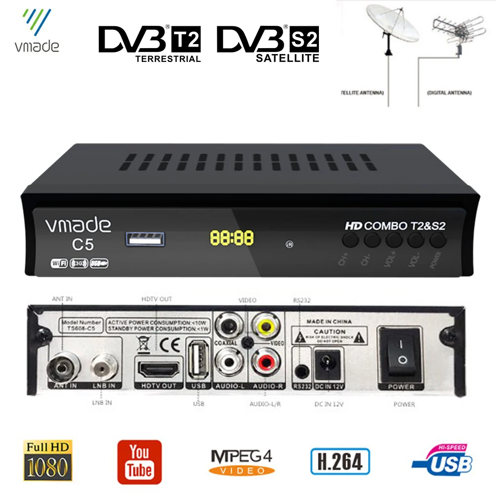 Цифровая ТВ приставка DVB T2 + S2 Combo C5 Full HD Поддержка USB WIFI IPTV H.264 MPEG4 спутниковый