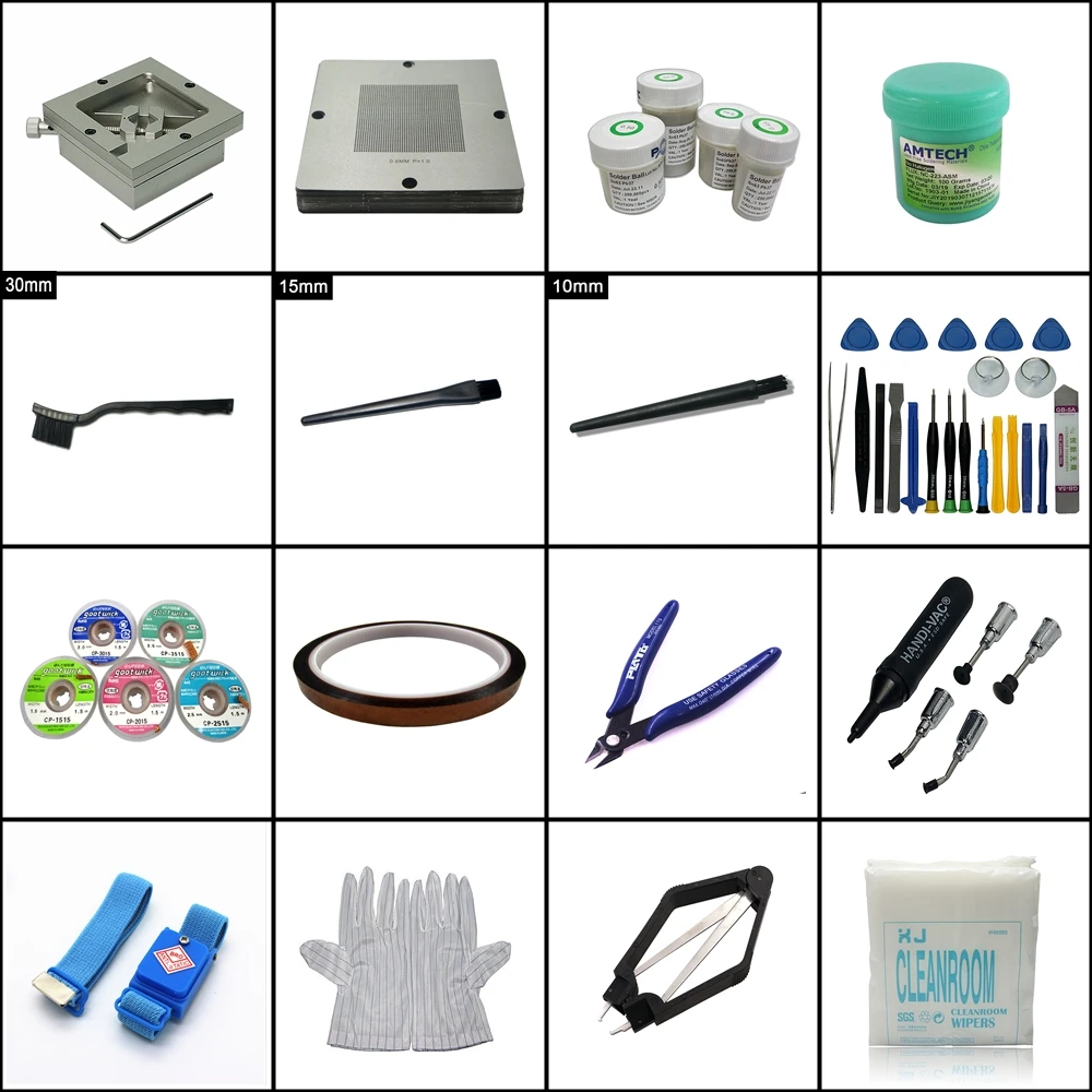 BGA Reballing Kit 90MM Silver Jig 341pcs Stencil Solder Balls Anti-Static Brush Desolder Remover Belt Vacuum Pen IC Chip Repair
BGA Reballing Kit 90MM Silver Jig 341pcs Stencil Solder Balls Anti-Static Brush Desolder Remover Belt Vacuum Pen IC Chip Repair