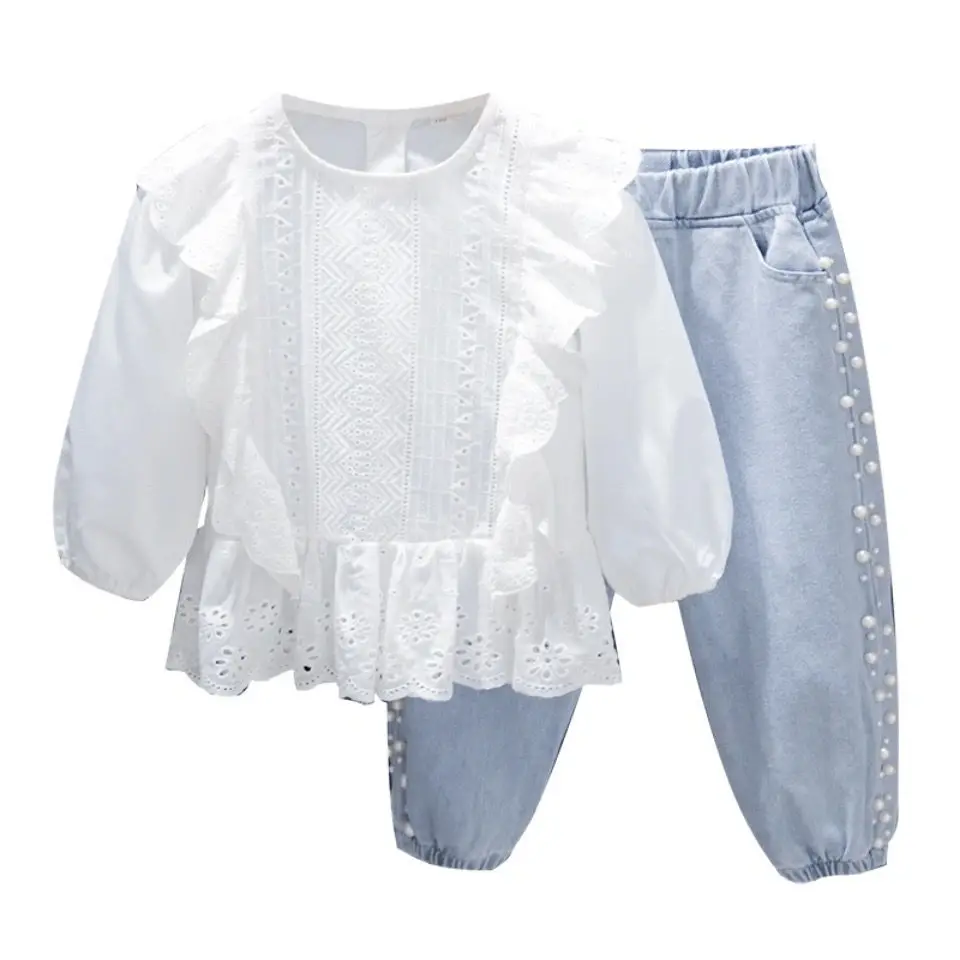 2021 Korean Spring Newborn Baby Girl Rivet Overalls Girl Kids White Ruffle Blouse+denim Trousers Suit Infant Children Autumn Set
2021 Korean Spring Newborn Baby Girl Rivet Overalls Girl Kids White Ruffle Blouse+denim Trousers Suit Infant Children Autumn Set