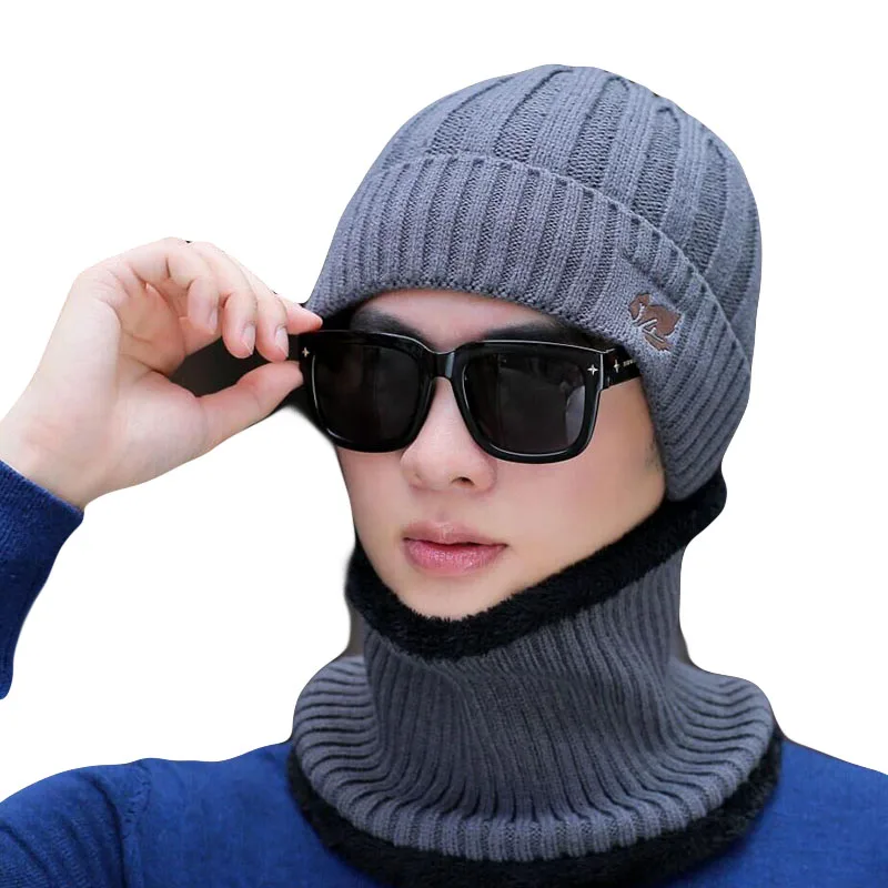 Winter Skullies Knitted Wool Beanies Men's Hat Sets Scarf Man Hip Hop cap Maple Leaf Plus Velvet Warm Hats For Men Hood | Аксессуары