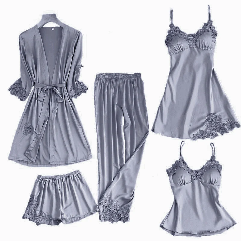 Satin Lace Pajamas Sets Womens 5PC Strap Top Pants Suit Sleepwear Spring Autumn Home Wear Nightwear Bath Gown 2021
Satin Lace Pajamas Sets Womens 5PC Strap Top Pants Suit Sleepwear Spring Autumn Home Wear Nightwear Bath Gown 2021