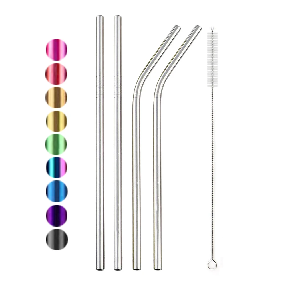 

Metal Drinking Straw 304 Stainless Steel Colorful Straws Reusable Bent Straight Straw Set With Cleaner Brush Bar Party Accessory