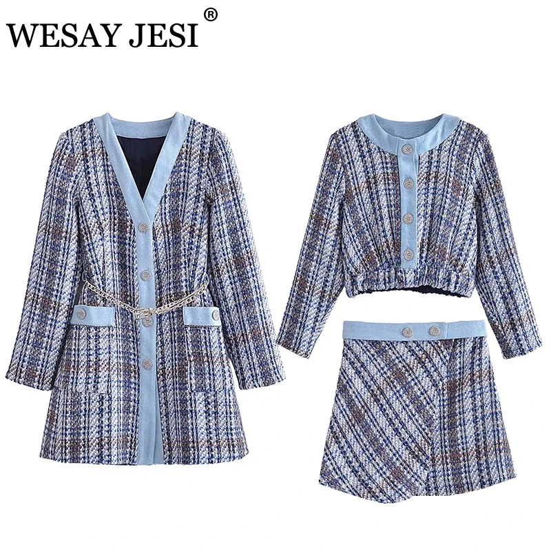 

Костюмы WESAY JESI ZA с юбкой, длинное пальто с цепочкой, офисная одежда, Элегантный Модный лоскутный Текстурированный Топ + мини-юбка с высокой та...