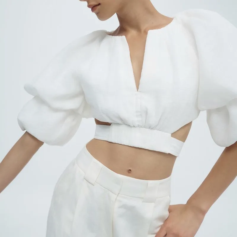 Fashion Puff Sleeve Elegant Blouse Women Short Sleeve V Neck Sexy Crop Tops White Black Lace Up Bow Slim Shirts
Fashion Puff Sleeve Elegant Blouse Women Short Sleeve V Neck Sexy Crop Tops White Black Lace Up Bow Slim Shirts