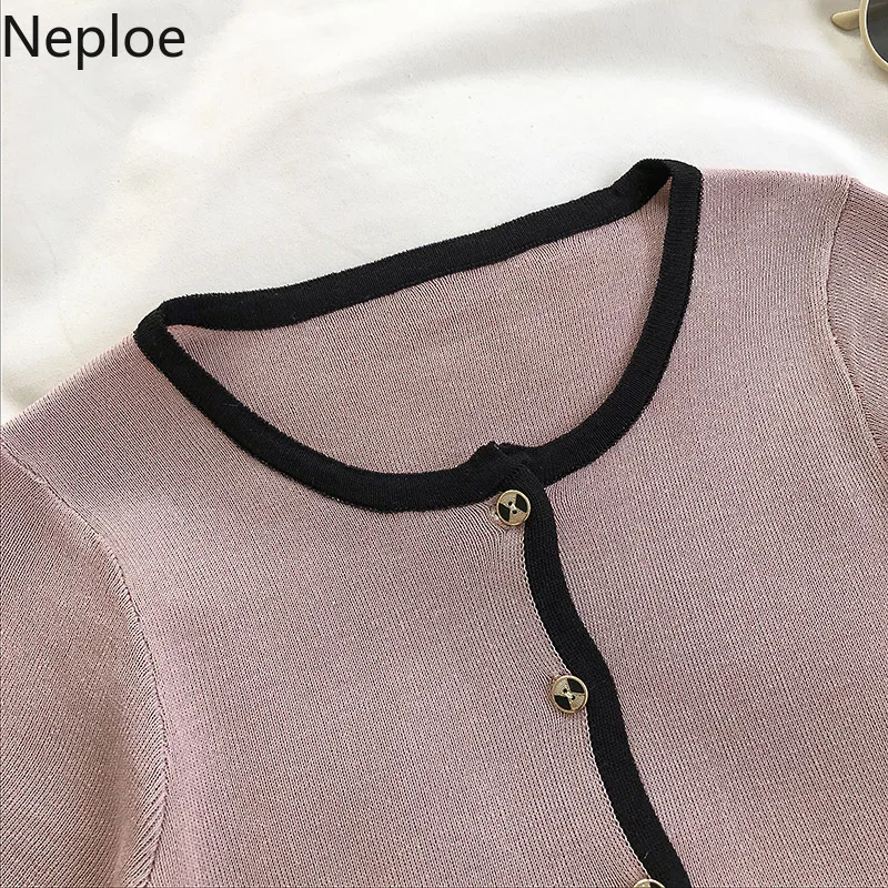 Neploe корейский вязаный кардиган футболки короткий рукав укороченные топы женские