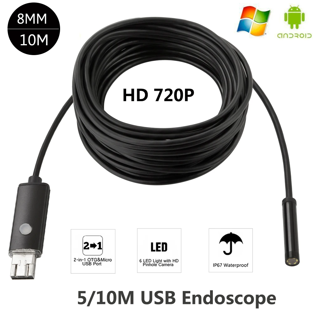 

HD 2MP 8 LED 8mm Len 1M 5M Android USB Endoscope IP67 Waterproof Inspection Borescope Tube Camera OTG Android Phone 720P