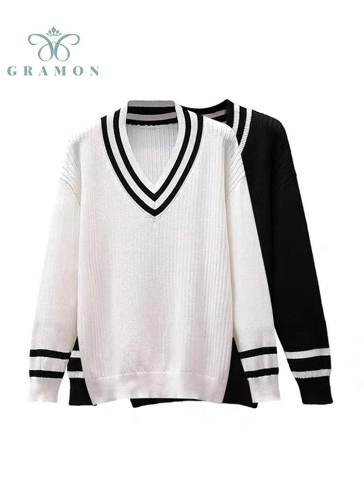 Oversize Knit Pullover Woman Tops Spring Autumn Fashion Teen V-neck Color Contrast Preppy Long Sleeve Sweater Lady College Style
Oversize Knit Pullover Woman Tops Spring Autumn Fashion Teen V-neck Color Contrast Preppy Long Sleeve Sweater Lady College Style