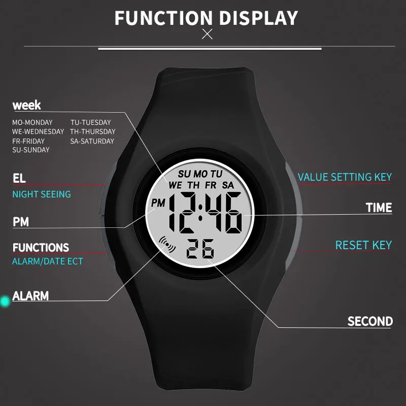 SYNOKE дети ЖК дисплей электронные цифровые часы спортивные секундомер световой 5Bar