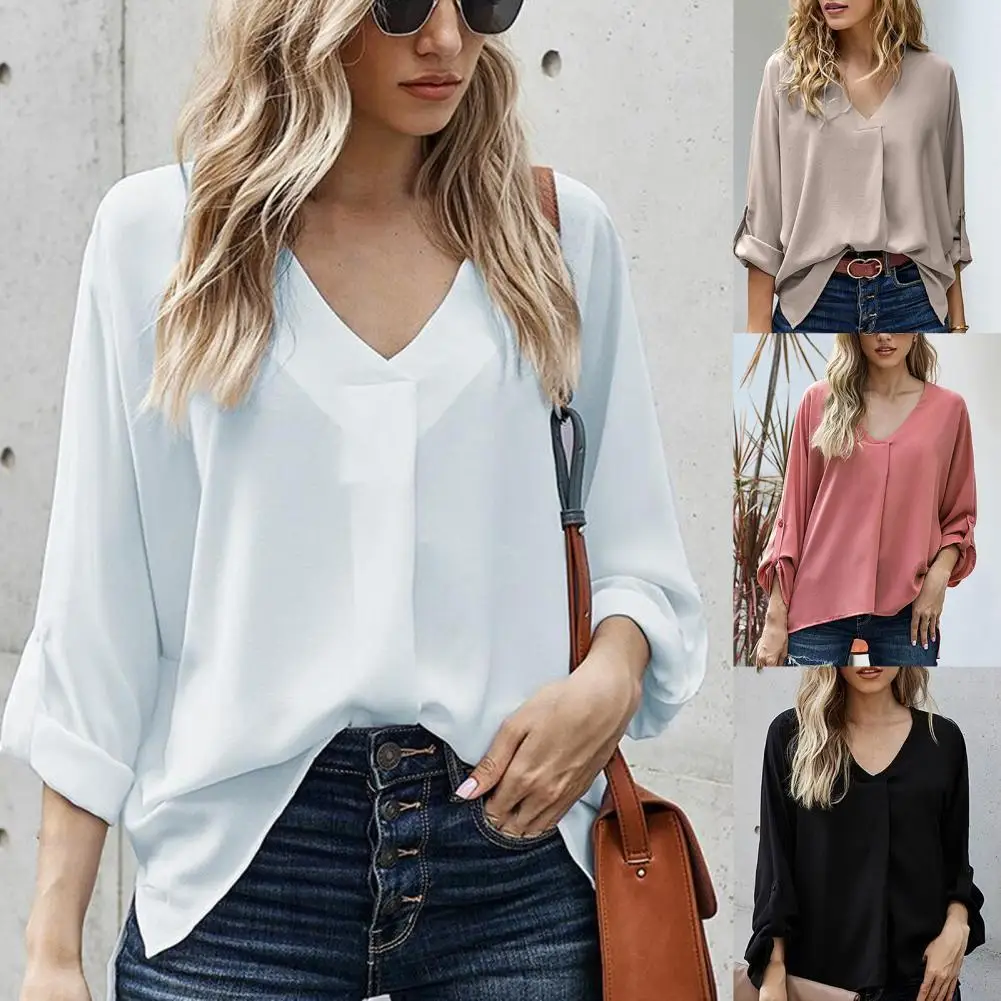 Women Office Shirt Solid Color V Neck Autumn Winter 3/4 Sleeve Pleated Split Hem Blouse Streetwear Simple party club blouses
Women Office Shirt Solid Color V Neck Autumn Winter 3/4 Sleeve Pleated Split Hem Blouse Streetwear Simple party club blouses