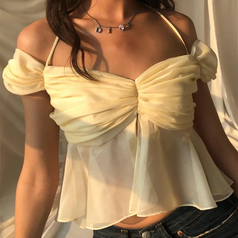 Summer T-Shirt for Women New Fashion Sweet Bow Knot Pile Sleeves Sexy Mesh Back Hollow Tether Hanging Neck Stitching Top Women
Summer T-Shirt for Women New Fashion Sweet Bow Knot Pile Sleeves Sexy Mesh Back Hollow Tether Hanging Neck Stitching Top Women