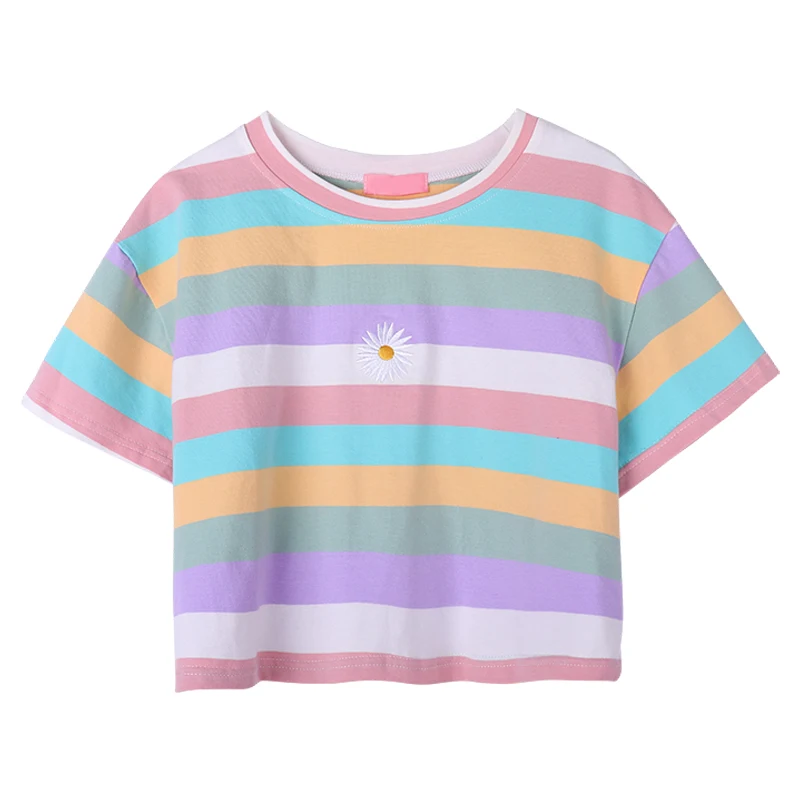 Summer Rainbow Striped T-shirts for Women Y2k Aesthetic Summer Sweet Style Tops Short Sleeve O-Neck Floral Japanese Fashion Tees
Summer Rainbow Striped T-shirts for Women Y2k Aesthetic Summer Sweet Style Tops Short Sleeve O-Neck Floral Japanese Fashion Tees