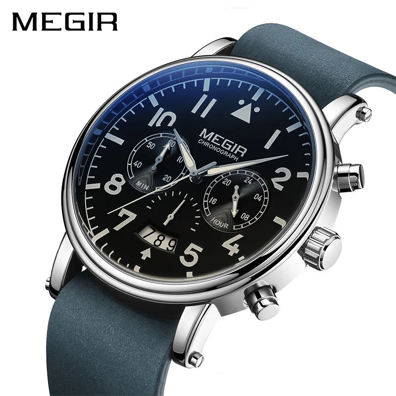 

Мужские спортивные часы MEGIR с синим кожаным браслетом, светящиеся водонепроницаемые кварцевые наручные часы, мужские часы 2020, современные