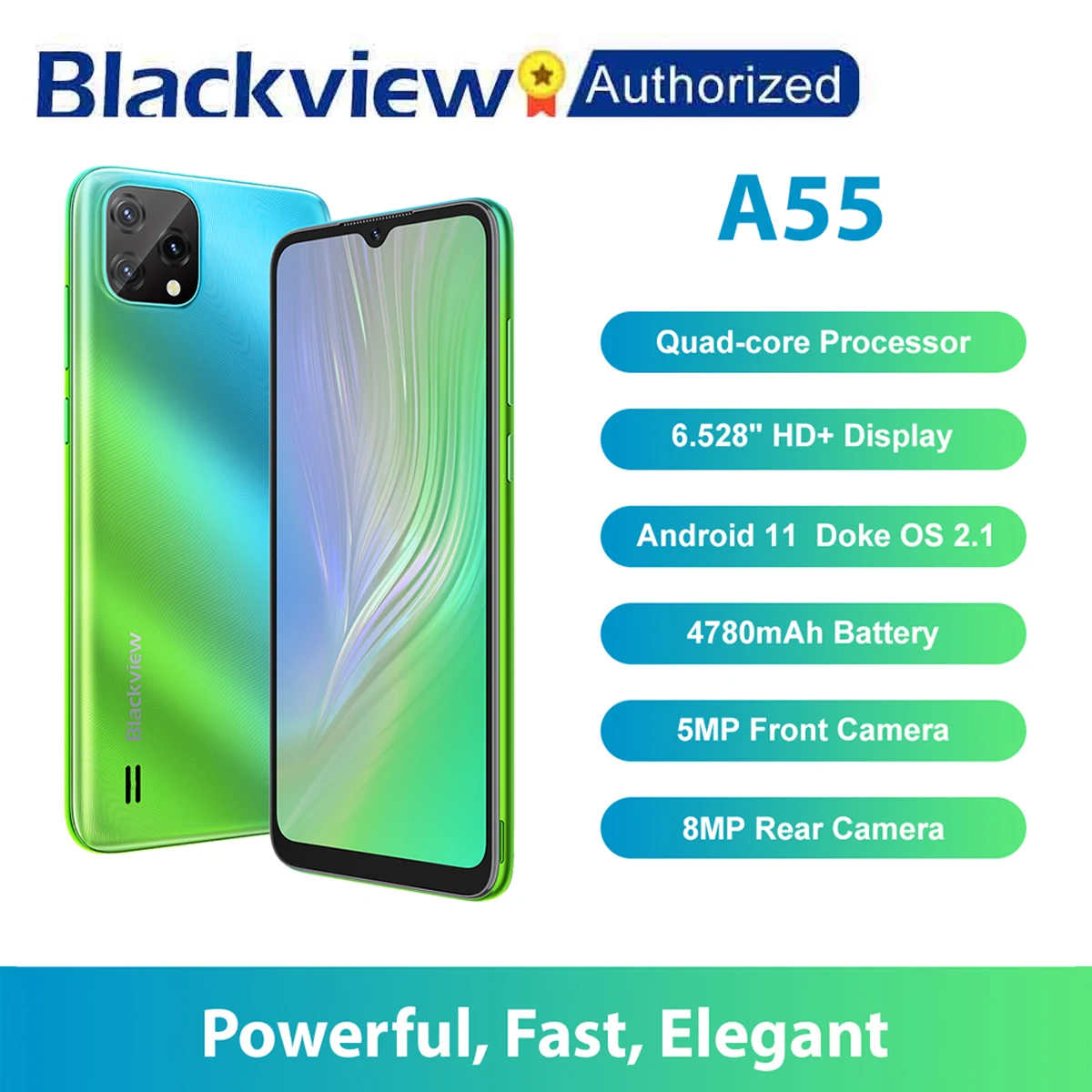 

Blackview A55 Smartphone 3GB RAM 16GB ROM 6.528" HD 4780mAh Quad Core Android 11 Mobile Phone MT6761V 5MP+8MP Camera Cell Phone