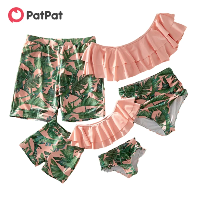 

PatPat 2021 New Summer Mosaic Off-shoulder Flounce Leaf Print Matching Swimsuits Family Look