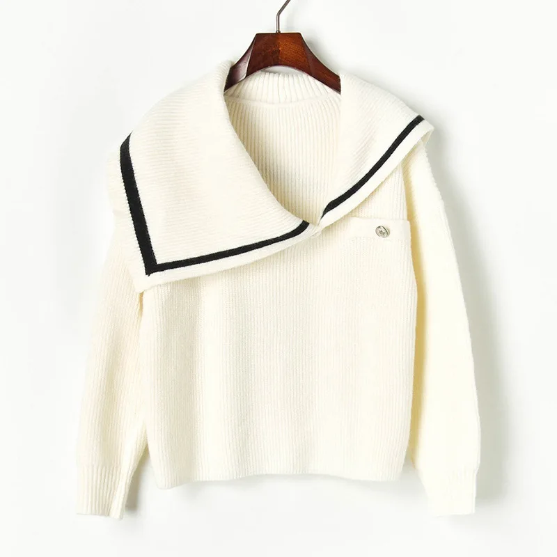 Женский свободный свитер с асимметричной горловиной Белый зимний P-084 2019 |