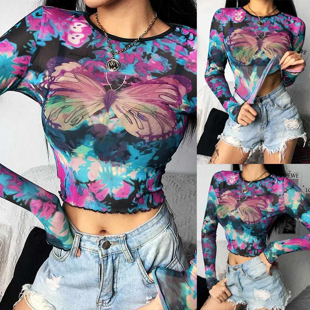 

Summer Long Sleeve Sweatshirt Women Gorgeous Color Gradient Multicolor Butterfly Print Gauze Cropped Streetwear camiseta mujer#Q