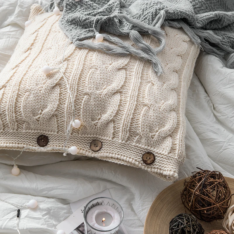 

Soft Cotton Plait Knit Cushion Cover Vintage Ivory Grey Pink Solid Pillow Case 45cm*45cm Button Open Home Decoration Nordic