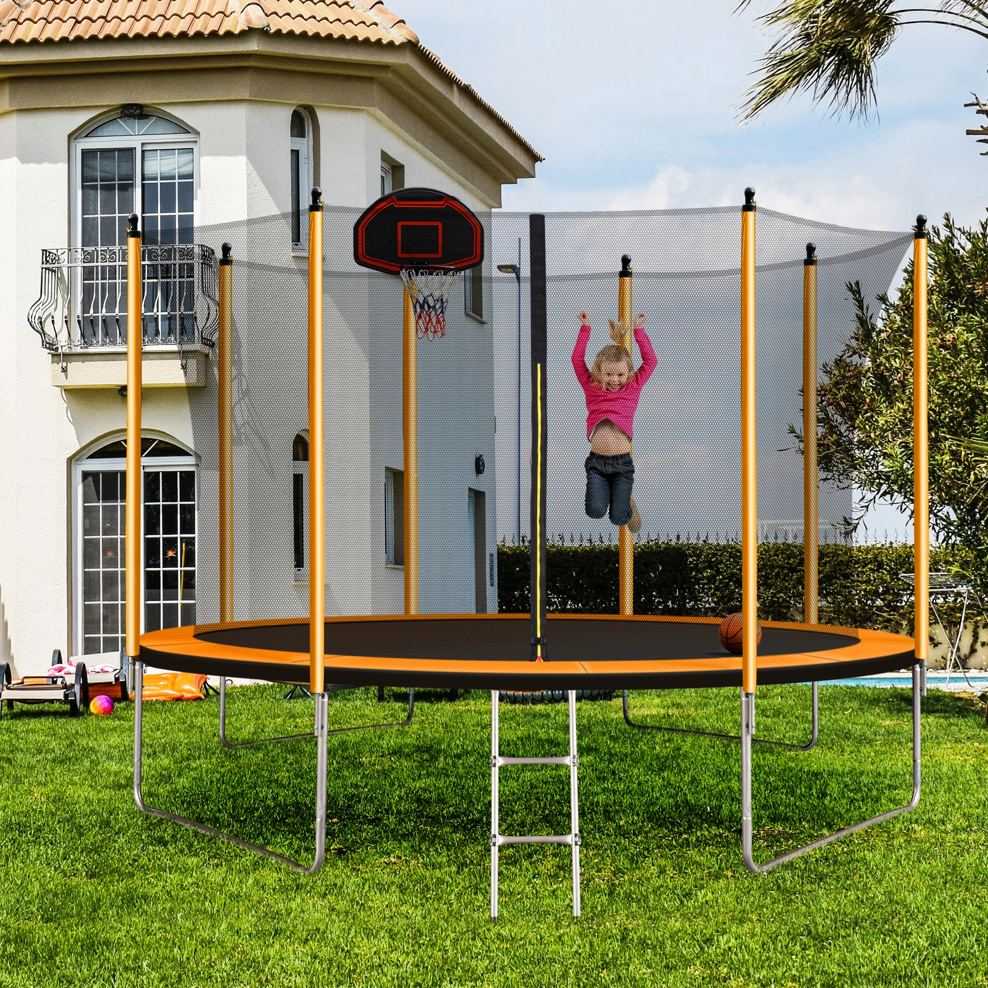 

10FT Trampoline with Basketball Hoop Inflator and Ladder(Inner Safety Enclosure) Orange