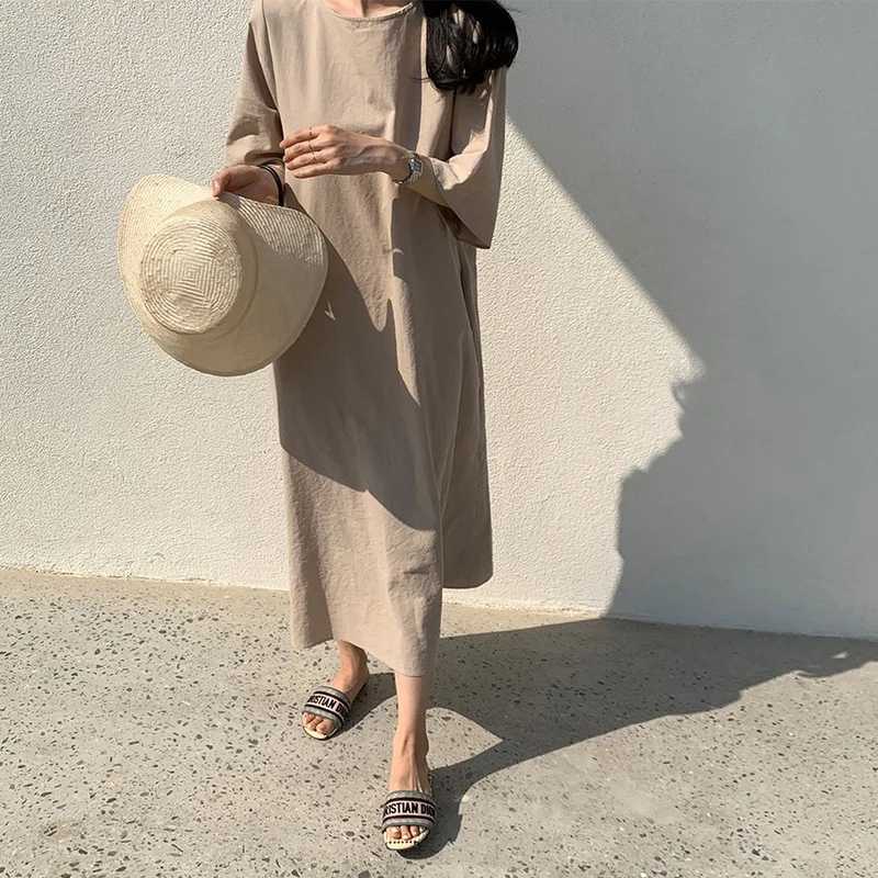 Korean Style Summer Women Dress Solid Cotton O-Neck Loose Dress Office Lady Short Sleeve Loose Waist Long Dress Vestido 14052
Korean Style Summer Women Dress Solid Cotton O-Neck Loose Dress Office Lady Short Sleeve Loose Waist Long Dress Vestido 14052