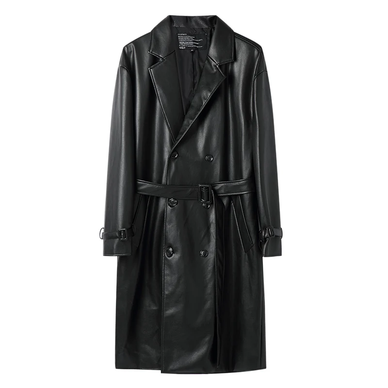 Men Vintage Long Black Leather Trench Jacket Double Breasted Overcoat Male Streetwear Hip 
Men Vintage Long Black Leather Trench Jacket Double Breasted Overcoat Male Streetwear Hip