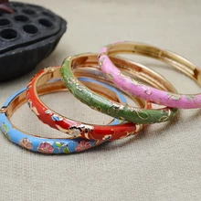 Vintage Thin Flower Enamel Ethnic Bangles For Women Traditional Handicraft Accessories Cloisonne Spring Hinged Cuff Bracelets