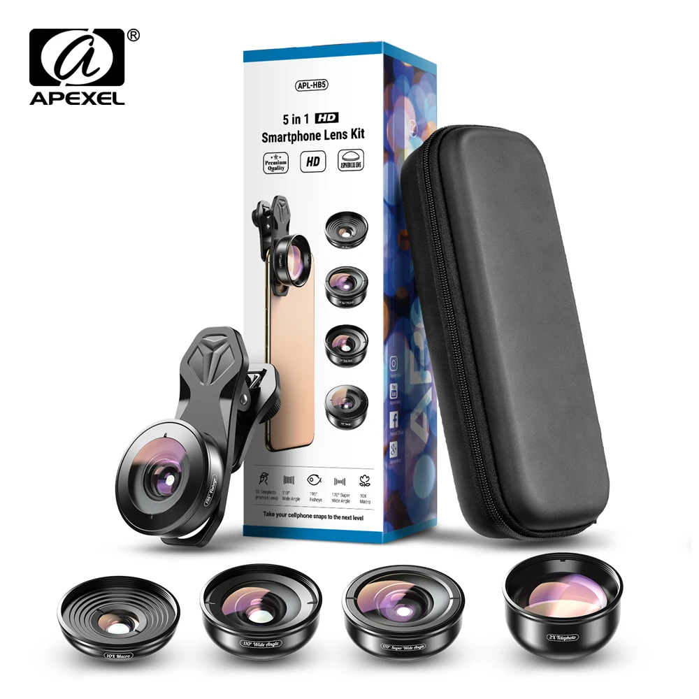 

APEXEL 5in1 Mobile Phone Lens Case Kit Photography HD Fisheye Super Wide Angle 4K Macro Telescope Lens Set With CPL Star Filter