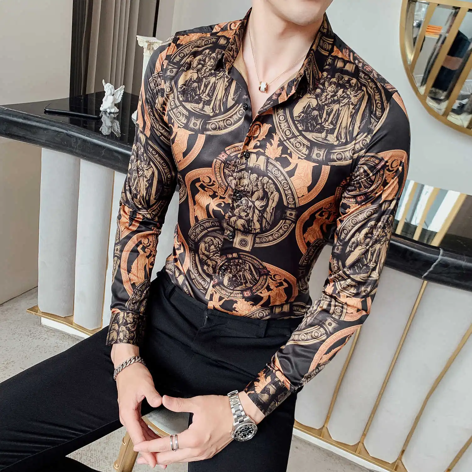 Casual Social Men's Shirts Long Sleeve Plus Size Night Club Party Shirt Men High Quality Men Shirt Korean Slim Fit Digital Print 
Casual Social Men's Shirts Long Sleeve Plus Size Night Club Party Shirt Men High Quality Men Shirt Korean Slim Fit Digital Print
