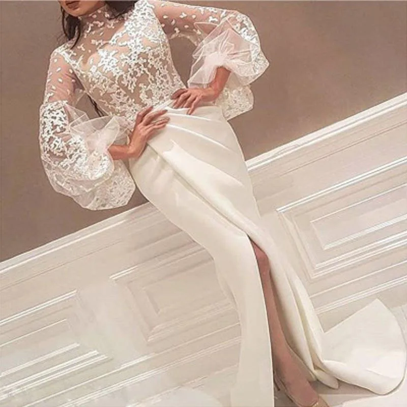 new Wedding Dresses Long lantern Sleeves Chiffon Sheer Lace Applique Full Length long Beach Split Bridal satin mermaid Dress
new Wedding Dresses Long lantern Sleeves Chiffon Sheer Lace Applique Full Length long Beach Split Bridal satin mermaid Dress