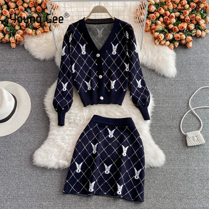 

Young Gee Knitted Women's Suit Autumn Winter Navy Sweater Tops And High Waisted Rabbit Pattern Mini Skirt Two Piece Sets Outfit