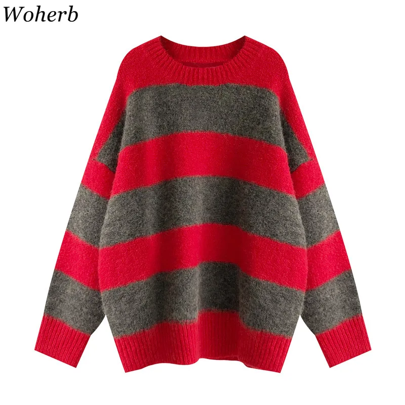 

Woherb Women Oversized Thin Sweater Vintage Striped Loose Pullover Streetwear Autumn Knitted Jumper Femme 2021 Sueter Mujer