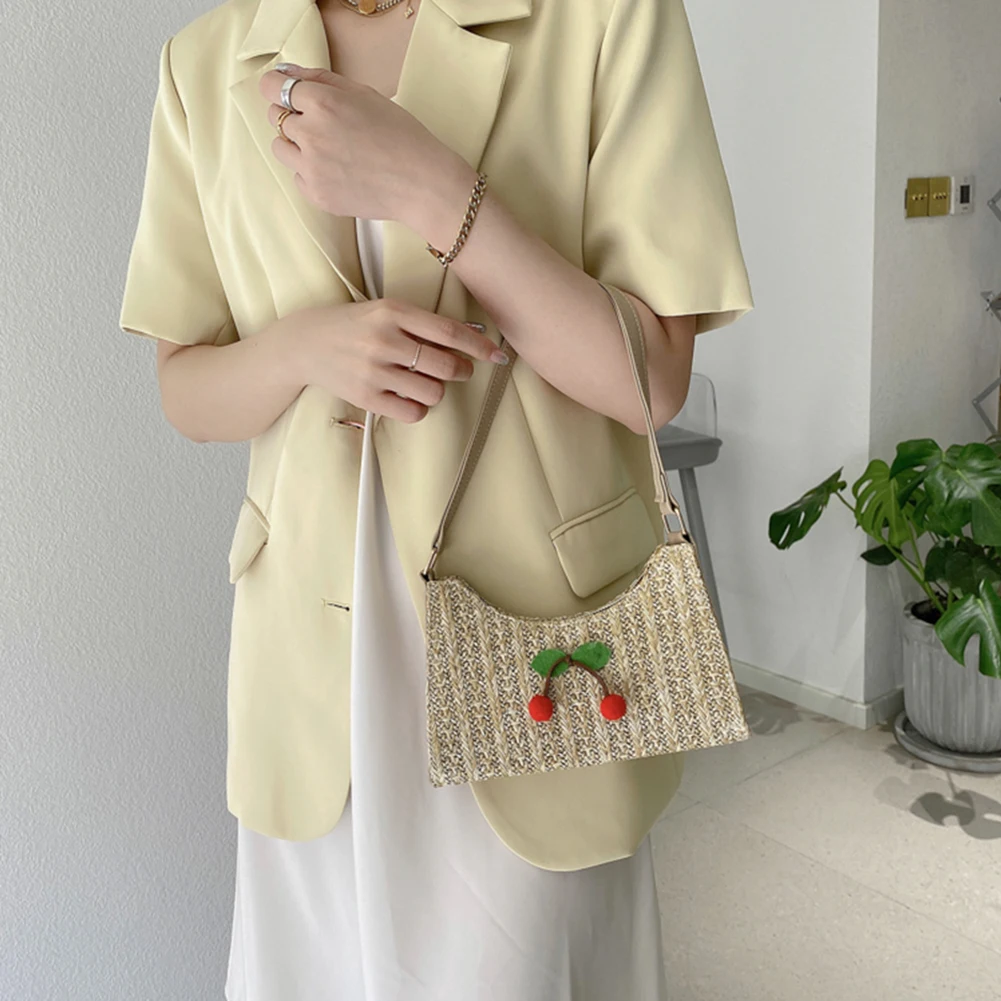 

Fashion Shopper Women's Bag Straw Woven Pure Color Small Handbag Casual Female Summer Beach Cherry Shoulder Underarm Hobos Bags