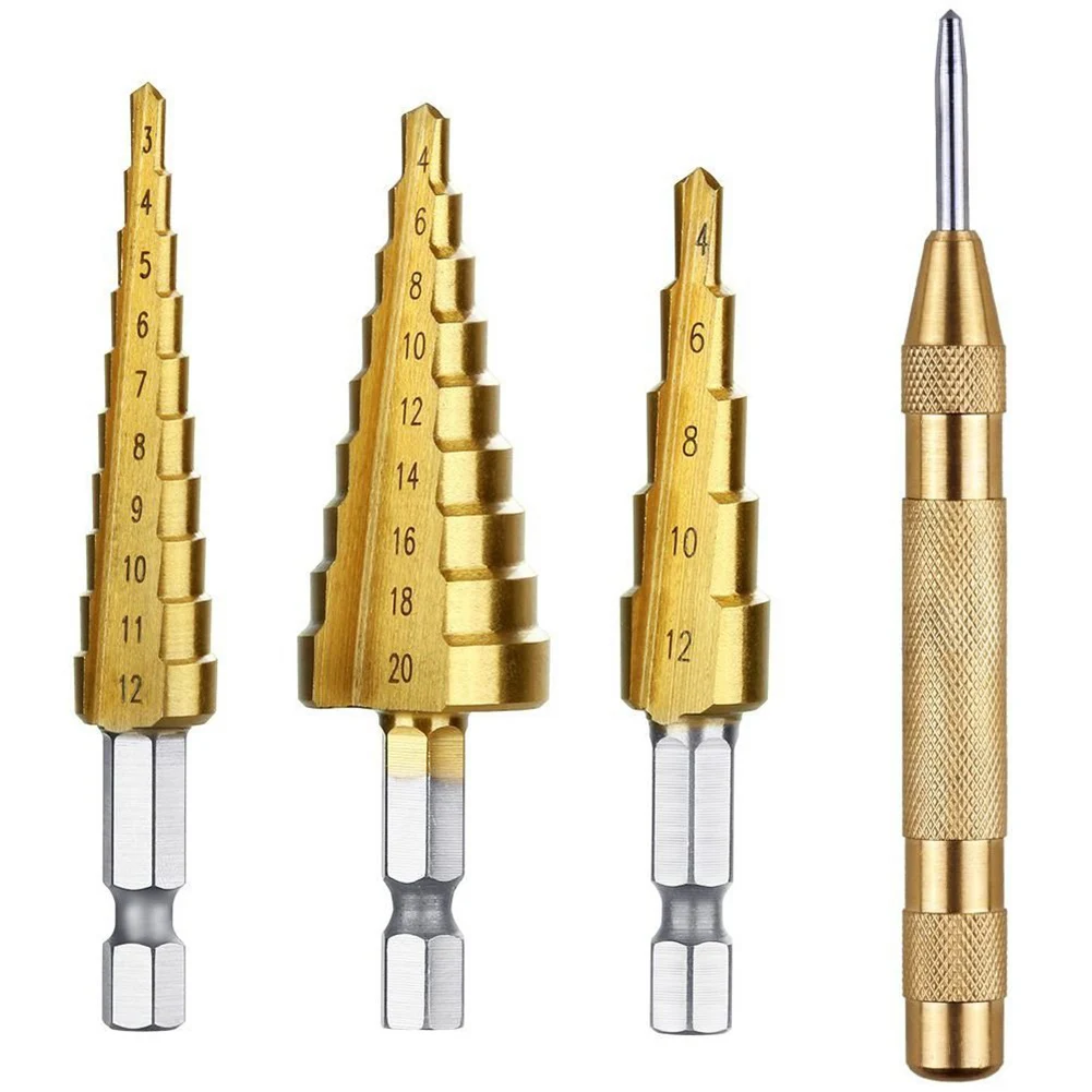 4pcs/set Titanium Step Drill Bit 5/9/10-Step 14 Sizes High Speed Steel Drill Bits Set For Metal Hole Drilling With Center Punch
4pcs/set Titanium Step Drill Bit 5/9/10-Step 14 Sizes High Speed Steel Drill Bits Set For Metal Hole Drilling With Center Punch
